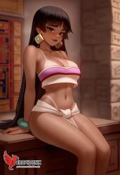 1girls 2d ai_generated ass bangs bare_shoulders barefoot big_ass big_breasts breasts chel chel_(the_road_to_el_dorado) cleavage dark-skinned_female dark_skin dreamworks earrings erophoenix feet full_body grin hoop_earrings huge_breasts jewelry long_hair looking_at_viewer looking_back navel patreon_username shorts sitting smile soles solo solo_female strapless tan the_road_to_el_dorado thick thick_thighs toes tubetop uncensored