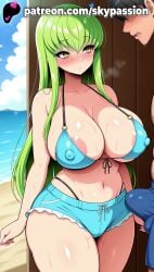 1boy 1girls 2025 ai_assisted ai_generated anime aqua_bikini areola areola_slip areolae artist_name beach belly big_penis bikini blue_bikini blue_sky blush breasts bulge bust c.c. chest clothed_female cloud cock code_geass covered_nipples day dick erection erection_under_clothes eyebrows_visible_through_hair female_focus green_hair hi_res high_quality high_resolution highres long_hair navel nipples_visible_through_clothing ocean outdoors patreon patreon_username penis plump shiny shorts sitting skindentation sky skypassion stable_diffusion straight sweat swimsuit testicles thick_thighs thighs veins veiny_penis very_long_hair watermark wide_hips yellow_eyes