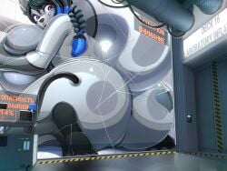 against_surface anthro ass ass_on_glass blue_hair_tips breaking_glass canid canine canis coyote english_text female fox genitals glass grey_body growth hands_covering_breasts hybrid inflatable inflation kneeling laboratory ladnelsiya looking_back macro_female mammal on_glass open_mouth purple_eyes pussy russian_text solo text zenocoyote_(oc)