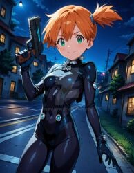 2025 4kids_entertainment ai_generated anime blue_hairband deviantart elryusam gantz_suit green_eyes holding_gun kasumi_(pokemon) meta nintendo not_porn orange_cheeks orange_eyebrows orange_hair pokemon