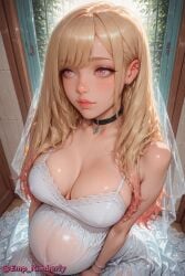 1girls ai_generated blonde_hair bracelet clothed collar ear_piercing emp_kimberly female female_focus female_only kitagawa_marin pink_eyes pregnant solo wedding_dress