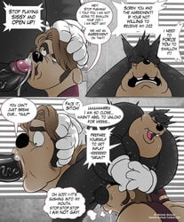 2boys age_difference animasanimus anthro balls_deep black_nipples canine chad_(a_goofy_movie) closet comic cum dialogue disney duo english_text erection forced forced_oral foreskin furry gay goof_troop hi_res humanoid_penis large_penis looking_pleasured male male/male male_only mammal moobs nipples nude oral overweight partially_retracted_foreskin penetration penis peter_pete_sr. simple_background stated_heterosexuality sweat testicles text uncut url veins veiny_penis watermark yaoi