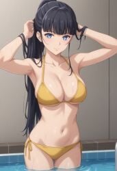 ai_generated armpits arms_up bikini blue_eyes breasts dark_blue_hair female female_only in_water large_breasts long_hair looking_at_viewer nier nier:_automata ponytail pool rose_(nier:_automata) scar scar_on_face smile wet wet_body yellow_bikini