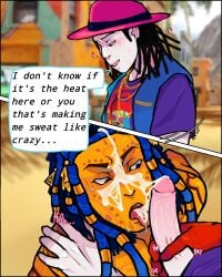body_paint cum_on_face cumming dreads exhibitionism fully_clothed in_public just_dance just_dance_2022 just_dance_2023 masturbation neon_shaman_(just_dance) penis_on_face pink_hat stell_(just_dance) sweating text text_bubble tongue_out ubisoft yellow_skin
