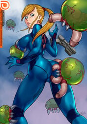 ass blonde_hair female metroid metroid_(creature) multiple_penises nintendo ponytail samus_aran shiny_clothes sketchlanza standing tight_clothing zero_suit zero_suit_samus