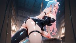 ai_art ai_generated animal_ears blue_hair bondage cat_ears cat_girl cat_tail catgirl chains dickgirl futanari futanari hanging_from_ceiling koneko konekofuta large_breasts large_penis pink_hair tied_up two_tone_hair two_tone_hair_(blueandpink)