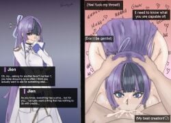 1boy 1boy1girl 1girls 2koma balls_deep big_breasts blowjob blue_eyes bow breasts cock_hungry cock_worship commander_(nikke) cum cum_in_mouth cum_on_face deepthroat dialogue english english_text enthusiastic_fellatio enthusiastic_female eye_contact eyeliner fellatio female goddess_of_victory:_nikke hand_on_head hands_on_head heart-shaped_pupils holding_head jien jien_(nikke) large_ass large_breasts looking_at_viewer loving_look male one_eye_closed passionate_fellatio penis pov purple_hair straight straight_hair swegul text thick_thighs