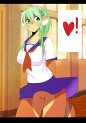 anthro blush breasts clock clothing female green_eyes green_hair hair heart inside mammal mustelid otter pussy school_uniform shirt skirt solo uniform unknown_artist upskirt window