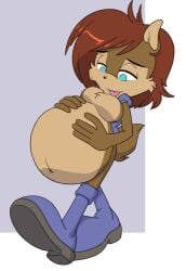 2024 anthro archie_comics belly big_belly blue_eyes breasts clothing female footwear hand_on_belly hi_res huge_belly krystalvix mammal pregnant pregnant_anthro pregnant_female rodent sally_acorn sciurid sega shoes simple_background solo sonic_(series) sonic_the_hedgehog_(archie) sonic_the_hedgehog_(comics) sonic_the_hedgehog_(series)