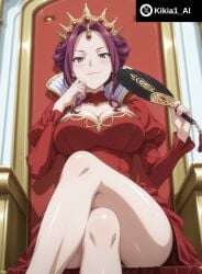 ai_generated big_ass blush crossed_legs crown dress earrings feet female female_focus indoors kikia1 large_breasts looking_at_viewer looking_down mature_female mirelia_q_melromarc purple_eyes purple_hair queen sitting soles tate_no_yuusha_no_nariagari toes