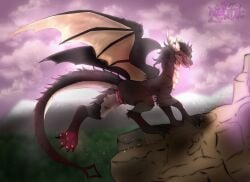 anus ass astralia_(art) brown_body cloud dragon european_mythology female feral genitals hi_res mythological_creature mythological_scalie mythology pawpads paws presenting presenting_pussy pussy rear_view red_eyes rock scales scalie sky solo solo_focus tail tongue tongue_out watermark western_dragon wings