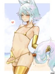 1boy absurdres anal anal_beads anal_object_insertion anal_tail animal_ears bar_censor bikini blue_hair blush censored elbow_gloves fake_tail gloves gold_bikini gold_gloves gold_thighhighs highres looking_at_viewer male_focus micro_bikini nohtuy object_insertion original otoko_no_ko penis red_eyes sex_toy short_hair smile swimsuit tail