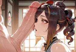 1boy 1girls ai_generated bangs bare_shoulders black_hair blonde_hair blush breasts brown_hair chiori_(genshin_impact) clothing curvaceous curvaceous_female curvaceous_figure curvy curvy_figure double_bun erection eyeshadow female female_focus genshin_impact hair_bun hair_ornament hair_stick hoyoverse huge_cock imminent_fellatio indoors large_penis light-skinned_female light_skin looking_at_penis looking_up makeup male miyuai multicolored_hair nude open_mouth oral penis penis_awe penis_on_face ponytail precum red_eyes saliva sidelocks sleeveless solo_focus straight sweat testicles tongue tongue_out twintails veins veiny_penis voluptuous voluptuous_female wide-eyed window