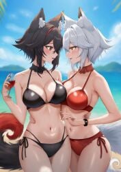 2girls animal_ears beach belly big_breasts black_hair breasts female fox_ears foxgirl high_resolution original original_character summer swimsuit tail white_hair wine_glass