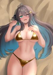 1girls 2d 2d_(artwork) alternate_costume alternate_hairstyle big_breasts bikini bikini_bottom bikini_top blue_hair blue_nails brown_hair day embarrassed embarrassed_female estebaneishon1 fanart fanart_from_twitter female female_focus female_only front_view golden_bikini golden_bikini_bottom golden_bikini_top golden_swimsuit golden_thong green_eyes heterochromia high_resolution highres indie_virtual_youtuber indie_vtuber latam_virtual_youtuber light-skinned_female light_skin long_hair looking_at_viewer lying lying_on_back lying_on_ground lying_on_sand meica on_sand outdoors red_eye sand slim_girl solo solo_female solo_focus summer swimsuit thong thong_bikini two_piece_swimsuit two_tone_hair virtual_youtuber vtuber vtuberfanart young younger_female