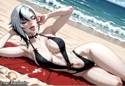 afterglow ai_generated arched_back arlecchino_(genshin_impact) black_swimsuit blush breasts cleavage closed_eyes covering_cum cum_on_body cum_on_breasts cum_on_face cum_splatter cumdrip cumshot expressionless female flat_stomach genshin_impact large_breasts laying nipples_visible_through_clothing on_back panting see-through see-through_clothing see-through_swimsuit shiny_skin slim_waist soft_skin solo thick_thighs tight_clothing tongue tongue_out underboob wet_skin