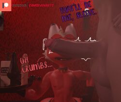 2022 2_horns 3d_(artwork) anal_beads anthro balls black_clothing black_gloves black_handwear black_stripes bodily_fluids camseven canid canid_demon canine circumcised clothing collar demon digital_media_(artwork) dildo duo english_description english_text erection fingerless_gloves fur genital_fluids genitals gloves grey_body grey_fur hair hand_on_hip handwear hellhound helluva_boss hi_res holding_tray horn humanoid_genitalia humanoid_penis imminent_sex imp interspecies leaking_precum lube_bottle male male/male mammal moxxie_(helluva_boss) mythological_canine mythological_creature mythology open_mouth penis penis_covering_eyes precum red_body red_skin sex_toy sharp_teeth striped_horn stripes teeth text vortex_(helluva_boss) white_hair