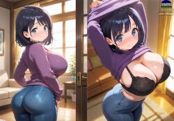 1girls ai_generated ass baised blue_eyes breasts dark_hair female jeans lacy_bra large_ass large_breasts lingerie milf milfeena short_hair shortstack tight_clothes