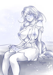 1futa blonde_hair bulge cleavage erect_nipples futa_only futanari intersex large_breasts long_hair milf monochrome namco sitting solo sophitia_alexandra soul_calibur tetisuka