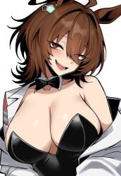 1girls agnes_tachyon_(umamusume) animal_ears anime big_breasts breasts brown_hair bunnysuit clothed_female ecchi horse_ears horse_girl labcoat light-skinned_female not_porn open_mouth red_eyes smile smirk solo solo_female umamusume vvernerluniq white_background