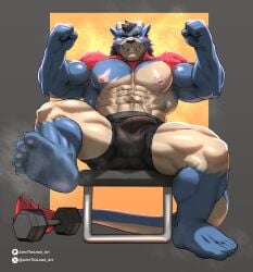 abs absurd_res anthro artist_name barazoku black_bottomwear black_clothing black_hair blue_body blue_fur bottomwear bulge canid canine clothed clothing detailed_bulge dragon feet front_view fur genital_outline grin hair hi_res horn hybrid johnthelewd_art leg_markings looking_at_viewer male mammal markings multicolored_body multicolored_fur muscular muscular_anthro muscular_male mythological_creature mythological_scalie mythology navel nipples patreon patreon_logo pecs penis_outline pink_nipples purple_eyes red_body red_fur scalie short_hair sitting smile socks_(marking) soles solo tan_body tan_fur text toes topless weights white_horn x_logo