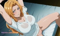 1girls ai_generated arms_up bed bedroom bleach bleach:_the_thousand-year_blood_war blue_eyes blush breasts cleavage female large_breasts long_hair looking_at_viewer matsumoto_rangiku matsumoto_rangiku orange_hair patreon pussy shirt smile solo sweat white_shirt zenaai