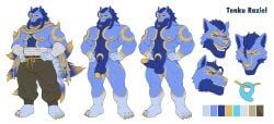 absurd_res anthro balls black_sclera blue_balls blue_body blue_hair blue_penis clothed clothing color_swatch erection front_view genitals glans hair half-erect hi_res jewelry johnthelewd_art looking_at_viewer male male_anthro markings model_sheet mouth_closed muscular muscular_anthro muscular_male necklace nude penis simple_background solo standing tenku_rauiel vein veiny_penis white_background yellow_eyes yellow_glans yellow_markings