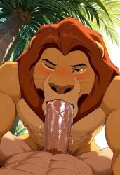abs ai_generated anthro anthro_male balls biceps big_penis blowjob blush deepthroat erection furry gay lion looking_at_viewer male male/male male_only mane mufasa muscular muscular_male nipples nude_male pecs penis penis_in_mouth red_eyes safari the_lion_king toned_body toned_male twall97 wink winking