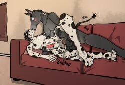 anal anal_sex animal_genitalia animal_penis anthro asinus athletic balls balls_deep big_dom_small_sub big_penis biped black_body black_fur black_hair black_spots blind blush canid canine canis claws cockslap curtains dalmatian description dialogue dialogue_box disability domestic_dog dominant donkey duo ear_piercing ear_ring equid equine equine_genitalia equine_mane equine_penis equine_tail eyewear familiar_nobody feet finger_claws fingers fingers_in_hair fur furniture genitals glasses grey_body grey_fur hair hand_behind_head hand_behind_neck hand_on_hip handpaw hi_res holding_belly holding_body holding_leg holding_waist hooved_fingers hooves intimate kiss_on_lips kissing kissing_sound_effect kissing_while_penetrated kissing_while_penetrating knot leg_glider_position looking_pleasured lying male male/male male_anthro mammal mane markings night nude nude_anthro on_side on_sofa onomatopoeia pawpads paws penetration penile penis piercing pillow pink_ears raised_leg ring_piercing romantic saggy_balls scratch_mark scratches scratching_neck sex size_difference slap sofa sound_effects spots spotted_body spotted_genitalia spotted_penis surpised surprised tail tail_motion tailwag text twitching wearing_glasses white_body white_fur window