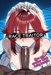 1boy 1girls ai_generated big_penis dark-skinned_male dark_skin english_text fellatio female interracial male red_hair shimmer_(artist) text wedding_dress wedding_veil