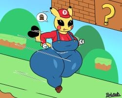 2025 ? anthro anthro_female anthrofied artist_name black_eyes black_nose breasts bubble clothing comic_page cosplay digital_drawing_(artwork) digital_media_(artwork) female_only furry furry_female gloves goomba heart high_resolution highres hips mario_(cosplay) mario_(series) nintendo no_humans onomatopoeia pikachu pokemon pokemon_(species) raylopez running shortstack shortstack_female smile smiling thick_thighs thighs tongue tongue_out wide_hips yellow_body