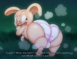 absurd_res anthro ass backsack balls big_butt bodily_fluids bulge clothed clothing dialogue domestic_pig dragon_ball embarrassed genitals grass hi_res looking_back male mammal night oolong_(dragon_ball) outside panties panties_only plant poof_effect shocked solo standing suid suine sus_(pig) sweat sweatdrop tepigfan101 topless underwear underwear_only white_clothing white_panties white_underwear