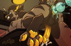 anal_beads anthro bagel bodily_fluids bread brown_body claws disembodied_penis finger_paws fingerpads flaccid food genital_fluids genitals hi_res hyena male mammal pawpads penis sex_toy striped_hyena urine watersports yellow_body yellow_claws yellow_eyes yellow_skin
