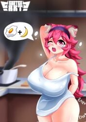 1girls animal_ears banana bare_shoulders black_hairband blush breasts burnt burnt_food buster-art camisole clothed cooking_pot curvy curvy_female curvy_figure dialogue_bubble egg female female_only gigantic_breasts hair_between_eyes hairband hips hispanic_virtual_youtuber huge_breasts indoors kemonomimi kitchen kitchen_background latam_virtual_youtuber light-skinned_female light_skin long_hair looking_at_viewer lunaria_ayaren one_eye_closed onomatopoeia open_mouth panties partially_clothed pink_ears pink_eyes pink_hair side_view solo standing tears text_bubble twitch.tv view_from_the_side virtual_youtuber voluptuous voluptuous_female vtuber vtuberfanart white_camisole white_shirt wide_hips yawn yawning