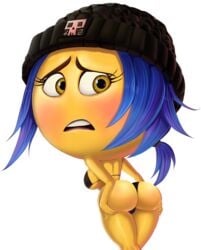 2d ass bare_shoulders beanie bikini bikini_bottom bikini_top blue_hair blush bra breasts cleavage color covered_breasts covered_nipples emoji emoji_(race) female female_only hat jailbreak looking_back open_mouth panties ponytail shadman short_hair sideboob skull the_emoji_movie yellow-skinned_female yellow_skin