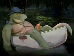 2017 alligator anthro bedroom_eyes belly blush boat crocodilian digital_media_(artwork) erection gator_(artist) half-closed_eyes hat holding_penis humanoid_penis looking_at_penis male male_only masturbation moobs mostly_nude musclegut muscular penis precum reptile scales scalie seductive slightly_chubby smile solo swamp uncut vehicle yellow_eyes