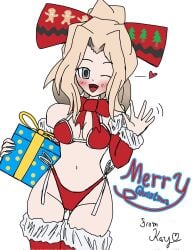 blonde_hair bow_ribbon bra christmas christmas_outfit ellen_rochefil english_text girls_und_panzer heart_symbol kay_(girls_und_panzer) light_blue_eyes merry_christmas panties present red_bra red_panties waving_at_viewer white_background