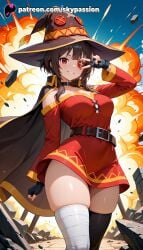 1girls 2025 ai_assisted ai_generated alternate_breast_size anime artist_name bandaged_leg bandages belt black_hair black_legwear blush breast breasts breasts breasts burning bust cape chest collar dress explicit explosion eyepatch female fingerless_gloves fire flame gloves hat hi_res high_quality high_resolution highres kono_subarashii_sekai_ni_shukufuku_wo! looking_at_viewer megumin molten_rock patreon patreon_username red_dress red_eyes short_hair single_thighhigh skypassion smile solo stable_diffusion staff thighhighs watermark witch_hat