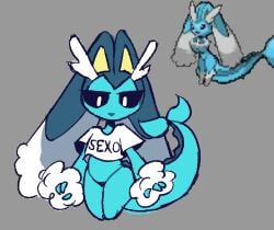2022 blue_skin game_freak lopunny nintendo pokemon pokemon_(species) pokemon_fusion pokemon_infinite_fusion pom_poms sexo shirt shortstack tail thatguynamedjoe thong vaporeon