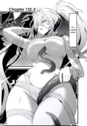 azur_lane bandaged_arm bandages between_breasts breasts cg cowboy_shot english_text fancy_(azur_lane) fancy_(grave_of_your_liking)_(azur_lane) female greyscale hair_between_eyes large_breasts long_hair looking_at_viewer monochrome mummy_costume naked_bandage naked_ribbon navel open_mouth ponytail revealing_clothes sarashi solo sweat tentacle thighs twintails underboob very_long_hair