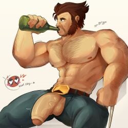 angry bara big_penis breasts deadpool deadpool_&_wolverine_(2024) drinking gay hairy hairy_male heart hugh_jackman imnorfer jeans male male_only marvel marvel_comics muscular muscular_male nipples pants_down pectorals penis precum sideboob sitting solo suggestive tank_top thick_thighs thighs twitching unzipped wolverine_(x-men) x-men yaoi