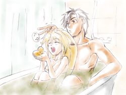 1boy 1girls 2008 akagi_gishou bandai_namco bath bathroom bathtub big_breasts black_hair blonde_hair blush breasts capcom closed_eyes fangs female high_ponytail long_hair male namco_x_capcom nude nude_female nude_male open_mouth ponytail project_x_zone reiji_arisu size_difference two-tone_hair white_hair xiaomu