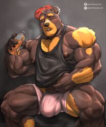 5:6 anthro arm_tuft artist_name bear bench black_clothing black_topwear blush bottle bottomwear brown_body brown_fur brown_hair brown_nipples bulge cheek_tuft closed_eyes clothed clothing container detailed_bulge elbow_tuft facial_tuft front_view fur genital_outline hair hat headgear headwear hi_res holding_bottle holding_container holding_object johnthelewd_art male male_anthro mammal markings multicolored_hair muscular muscular_anthro muscular_male nipples on_bench open_mouth orange_markings overweight overweight_anthro overweight_male patreon patreon_logo pecs penis penis_outline pink_bottomwear pink_clothing red_clothing red_hat red_headwear shoulder_tuft simple_background sitting solo text topwear tuft two_tone_hair white_hair x_logo