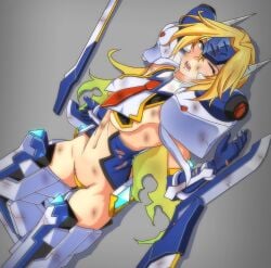 battle_damage blazblue blazblue:_central_fiction blonde_hair blue_eyes breasts crotchless_panties defeated defeated_heroine female headdress laying_down laying_on_ground long_hair looking_at_viewer maebari medium_breasts mu-12 necktie noel_vermillion one_eye_closed pauldrons sobarin underboob