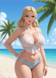 ai_generated bangle beach belly_button blonde_hair casual_clothes earrings female flower_in_hair hand_on_hip large_breasts lingerie_bra midriff milf nail_polish ocean ocean_background one_hand_on_hip palm_tree panties rgomez007 seductive_smile sheer sheer_top sky solo_female stable_diffusion thick_thighs twintails wide_hips