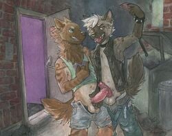 2017 2boys anthro back_alley balls clothed clothing detailed_background duo erection fur gay hair humanoid_penis hyena male male_only mammal night open_mouth outside penis piercing ryff shekh sicklyhypnos smile standing tongue traditional_media_(artwork) yaoi