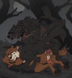 anal anal_sex anthro anthro_on_anthro anthro_penetrated anthro_penetrating anthro_penetrating_anthro ass backsack balls bodily_fluids canid canine canis collar cum cum_in_ass cum_inside cum_on_balls dripping duo facial_scar forest from_behind_position genital_fluids genitals green_eyes hi_res humanoid_genitalia humanoid_penis lying male male/male male_penetrated male_penetrating male_penetrating_male mammal muscular muscular_anthro muscular_male mythological_canine mythological_creature mythology night on_front on_ground open_mouth outside penetration penis plant purple_eyes rear_view saliva saliva_drip saliva_on_face scar sex smile tree vailet_deer werecanid werecanine werecreature werewolf wolf wrinkled_nose