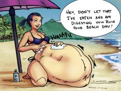 anysizebutsmall beach belly big_belly digesting digestion female female_pred gulpt kneeling muffled_speech post_digestion post_vore text thick_thighs thighs vore vore_belly