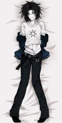 balls blush blushing body_pillow bondage clothed embarrassed erection exposed_penis flustered forsaken_(roblox) jacket_on_shoulders jock_two_time looking_away looking_away_from_viewer male nonbinary nonbinary_(lore) on_back on_bed pants_down penis penis_out precum roblox roblox_game robloxian tied_hands two_time vulnerable
