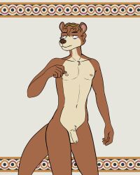 accessory anthro balls brown_body brown_fur chilemeister digital_media_(artwork) fur genitals hair headband hi_res male mammal mustelid nipples nude nude_anthro nude_male otter otter_tail penis simple_background solo tail tan_body tan_fur